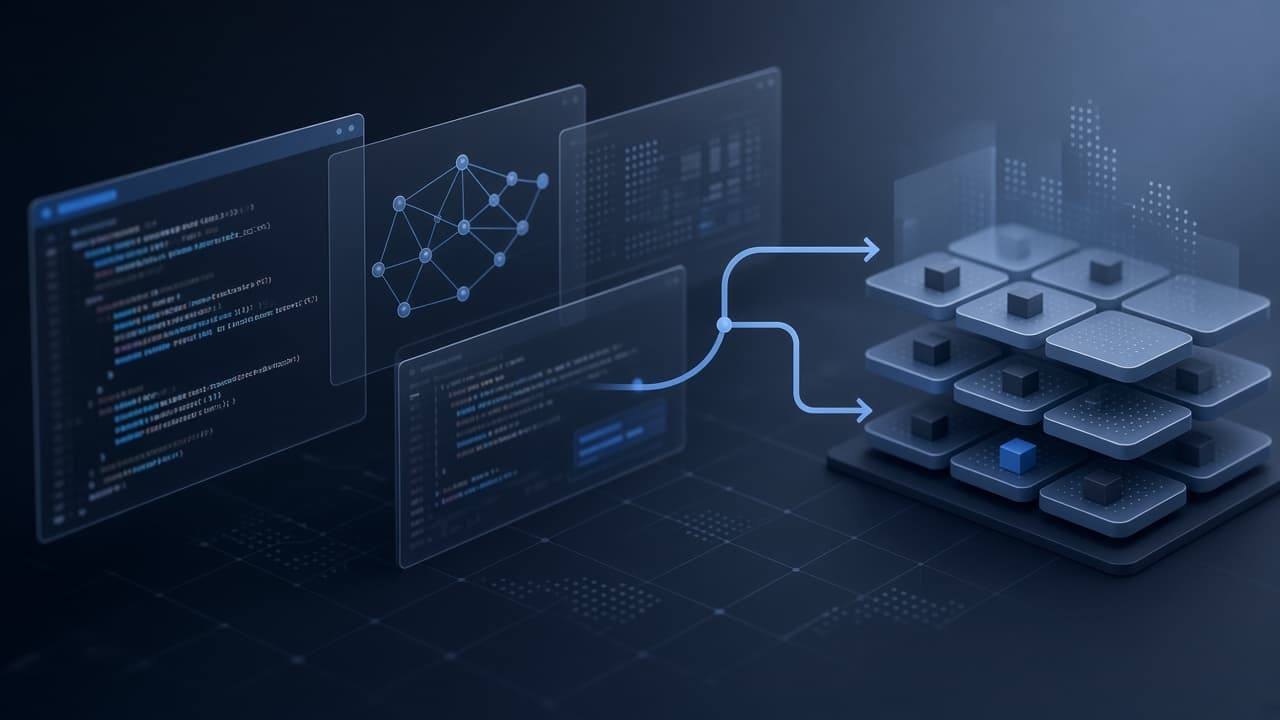 Abstract steel-blue visual of AI agent coding workflows