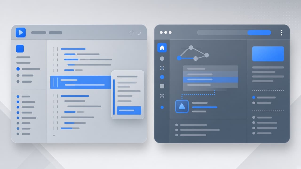Abstract split panels suggesting Cursor versus Copilot