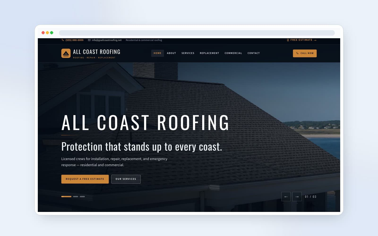 All Coast Roofing website hero in a premium browser mockup
