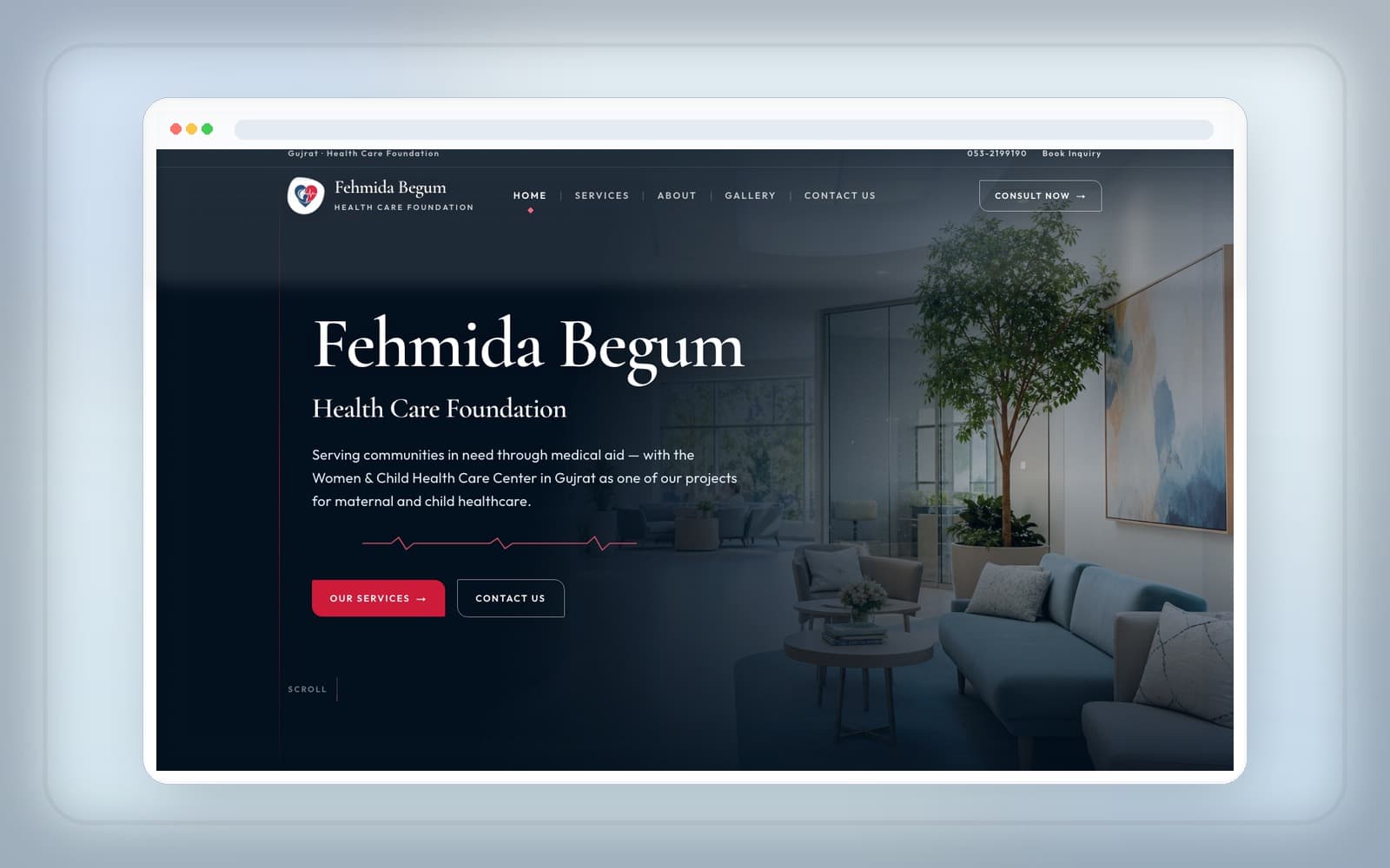 Fehmida Begum Health Care Foundation website hero in a premium browser mockup