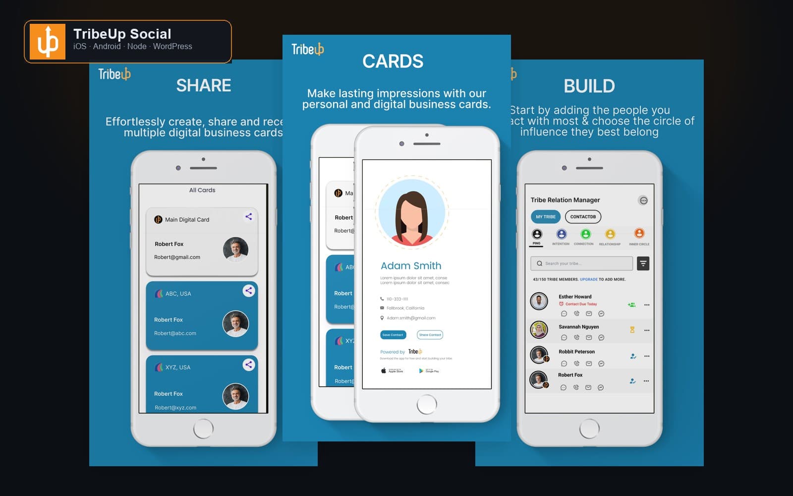 TribeUp Social mobile apps collage — digital cards and relationship manager